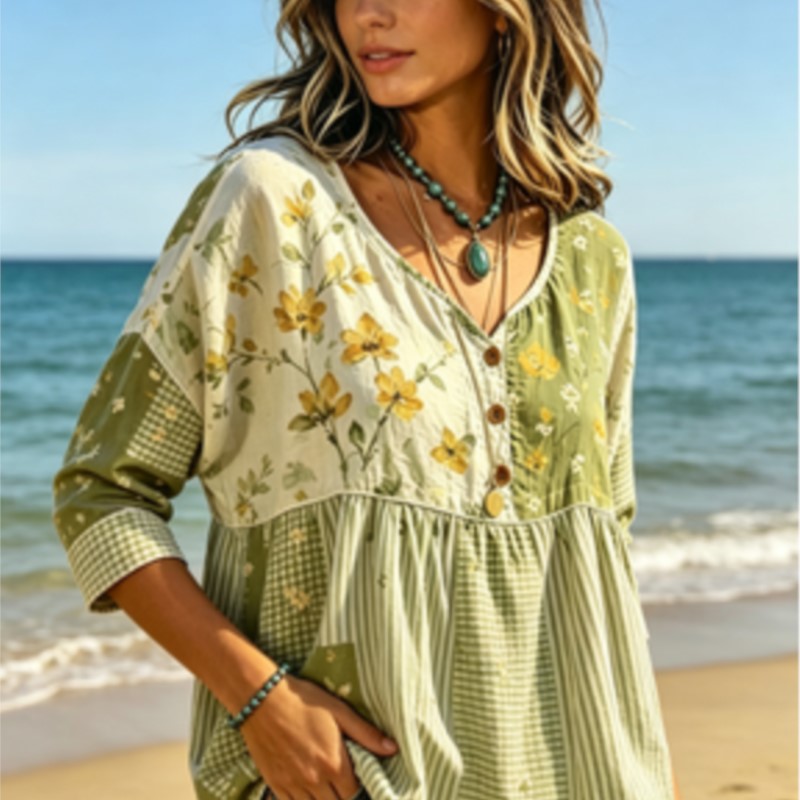 Yellow Summer Clothing - Women's Green Yellow Floral Patchwork V