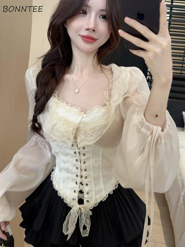 Crop Blouse Linen - Solid Blouse Women Lace-up Crop Tops
