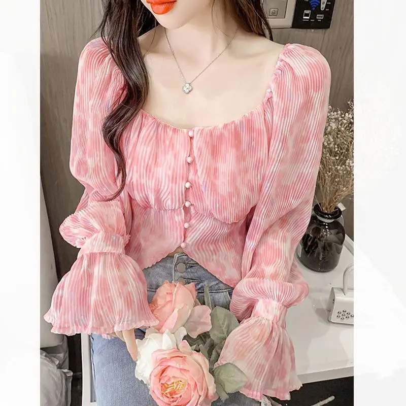 Crop Blouse Linen - Sexy Kawaii Sweet Square Neck Print
