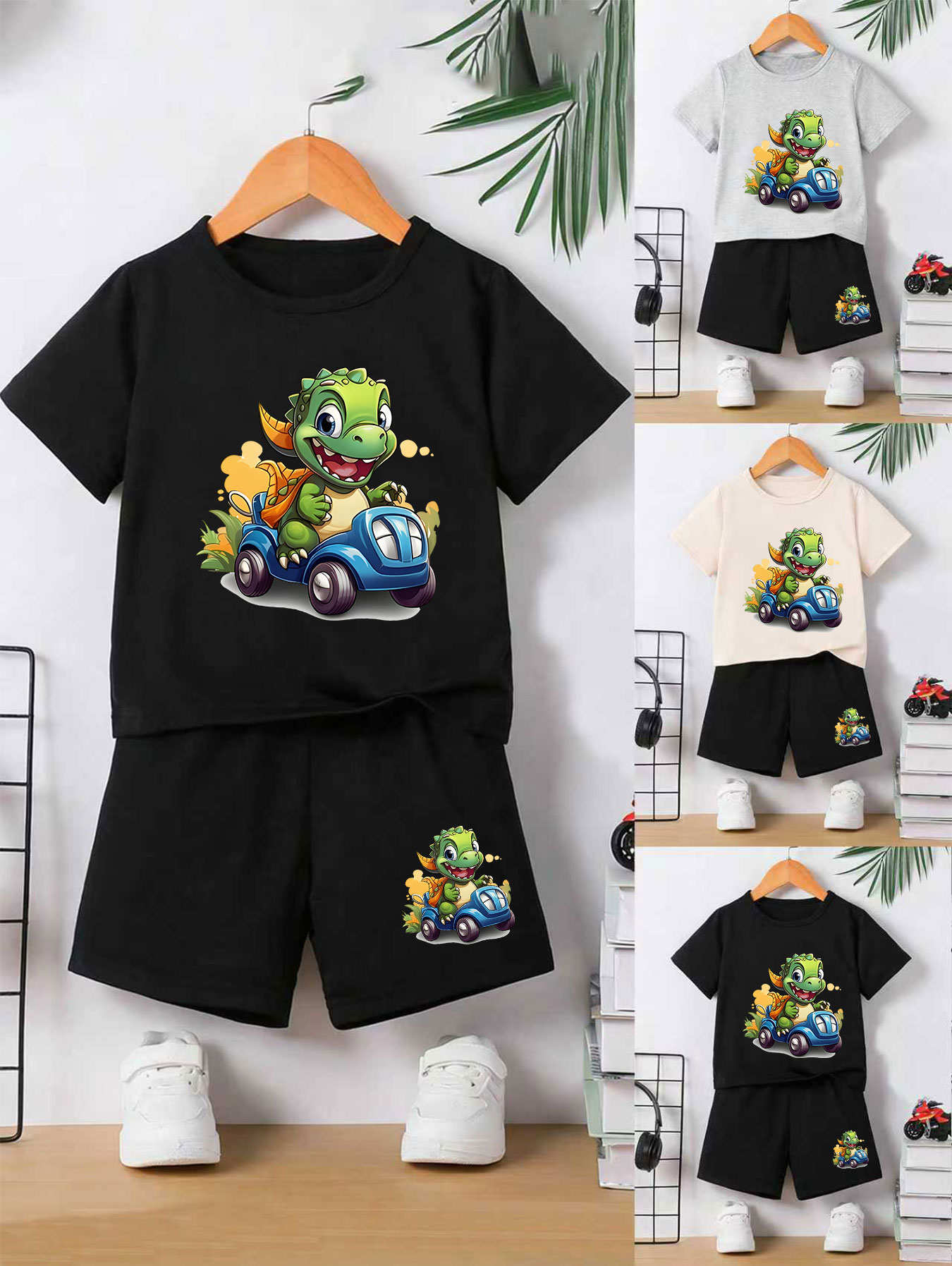 Summer Clothing Drive - Boys' Playful Dino-Driving-Car Print Comfortable Clothing