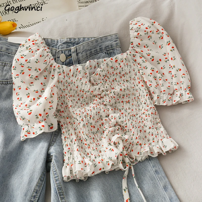 Crop Blouse Linen - Blouses Shirts Women Floral Drawstrings Ruffles