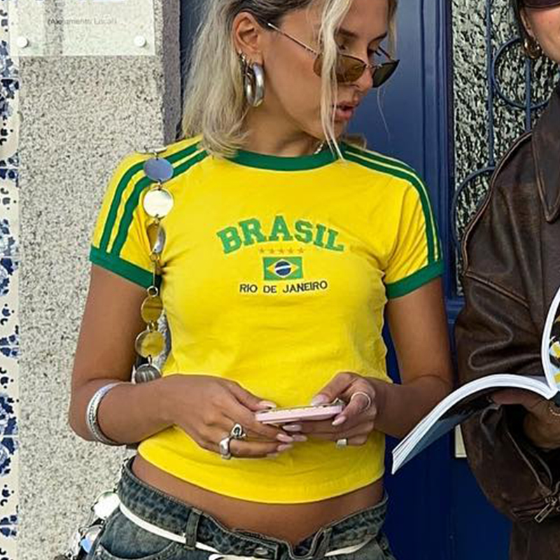 Yellow Summer Clothing - BRASIL Letter Graphics Print Goth Y2k