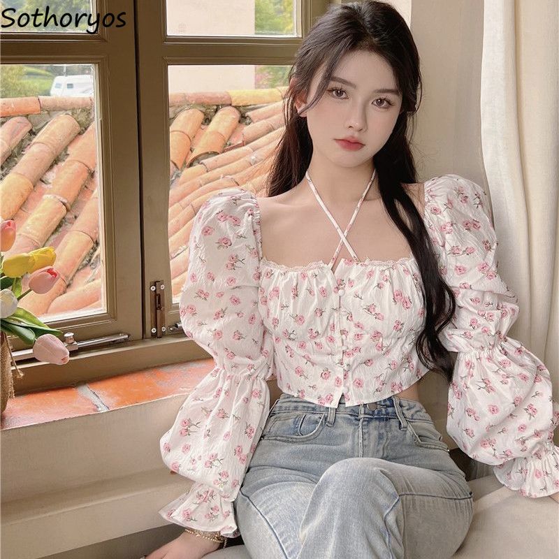 Crop Blouse Linen - Floral Blouse Women Puff Sleeve Chic