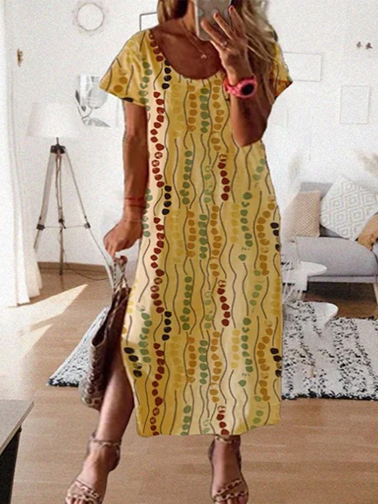Yellow Summer Clothing - Plus Size Yellow Printed Midi Dress,
