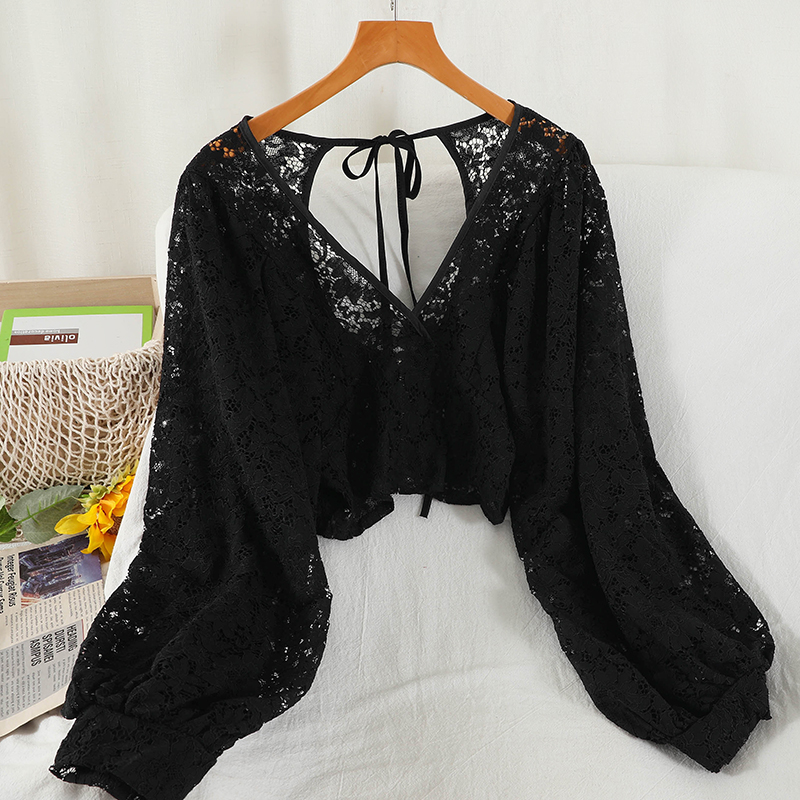 Blouses Women Solid Lace Simpl - Crop Blouse Linen ulasan dan harga