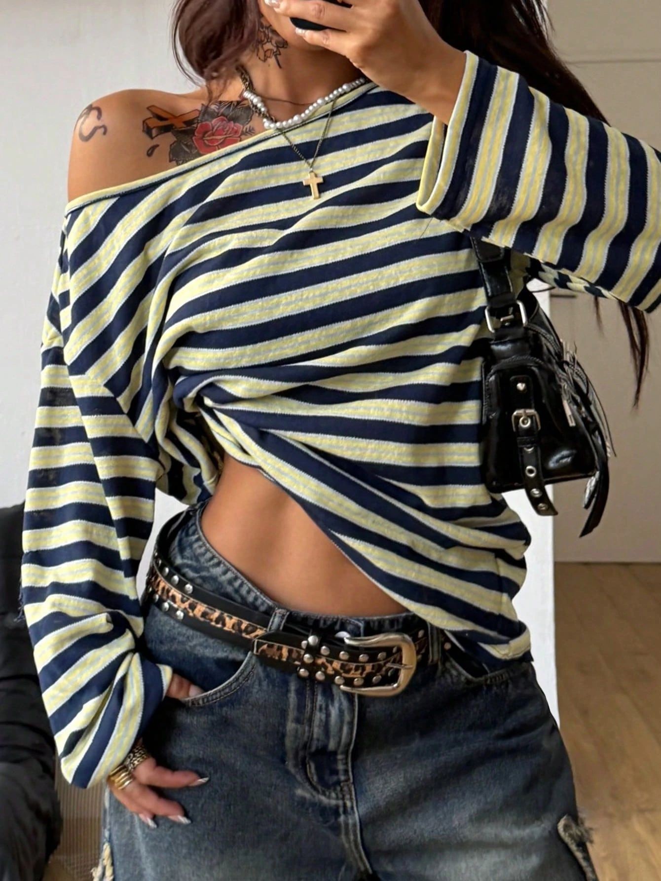 Women's Oversized Striped Blue - Off Shoulder Blouse ulasan dan harga