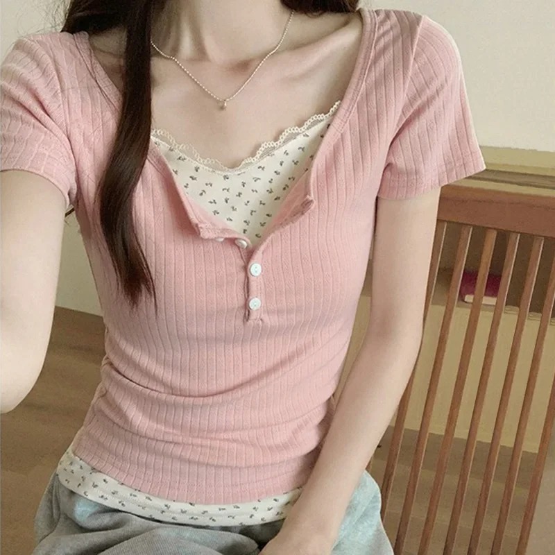 New Women's Lace Spliced Ribbe - Crop Blouse Linen ulasan dan harga