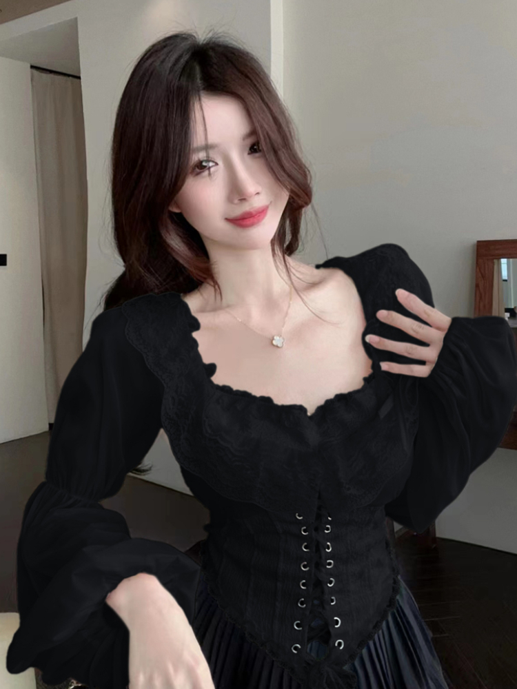 Solid Blouse Women Lace-up Cro - Crop Blouse Linen ulasan dan harga