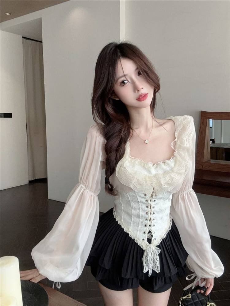 Solid Blouse Women Lace-up Cro - Crop Blouse Linen ulasan dan harga