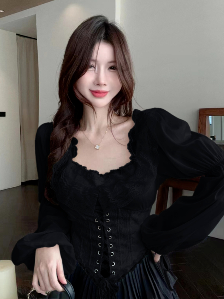 Solid Blouse Women Lace-up Cro - Crop Blouse Linen ulasan dan harga