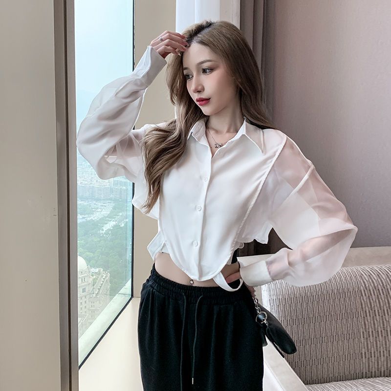 Shirts Women Retro Chic Patchw - Crop Blouse Linen ulasan dan harga