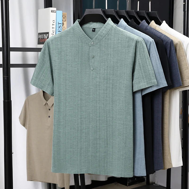 Mens Mandarin Collar Half Plac - Summer Clothing Men Linen ulasan dan harga