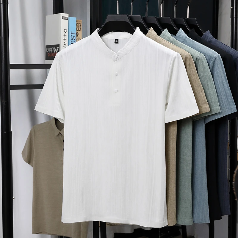 Mens Mandarin Collar Half Plac - Summer Clothing Men Linen ulasan dan harga