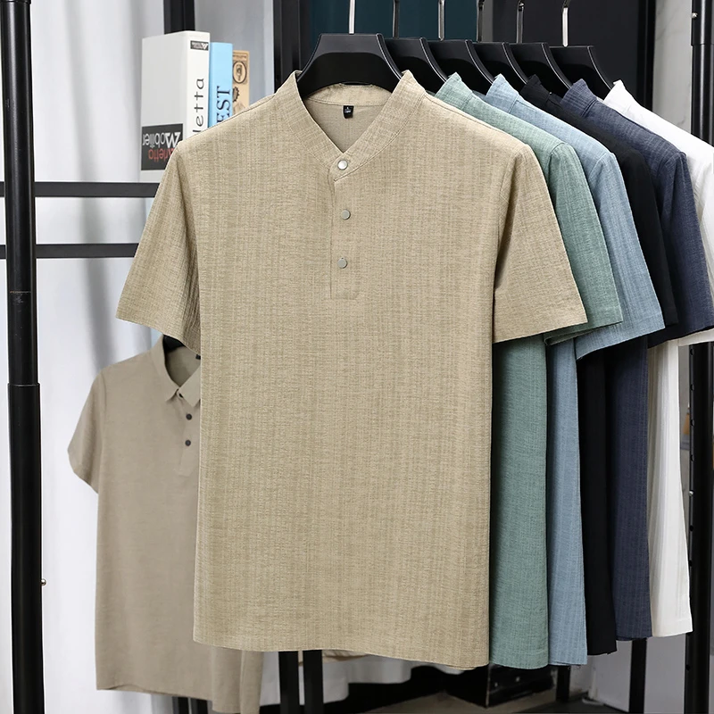 Mens Mandarin Collar Half Plac - Summer Clothing Men Linen ulasan dan harga