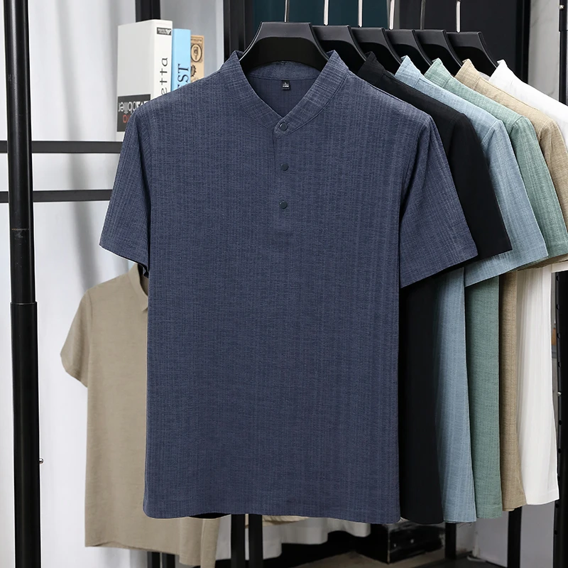 Mens Mandarin Collar Half Plac - Summer Clothing Men Linen ulasan dan harga