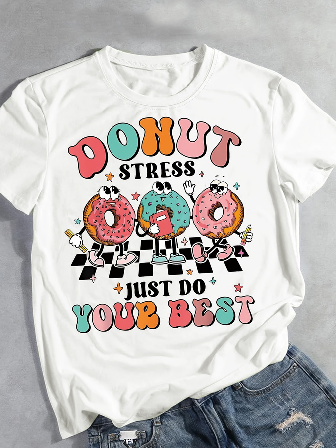 Cartoon Donut Print T-shirt, S - Summer Clothing Trends 2026 ulasan dan harga