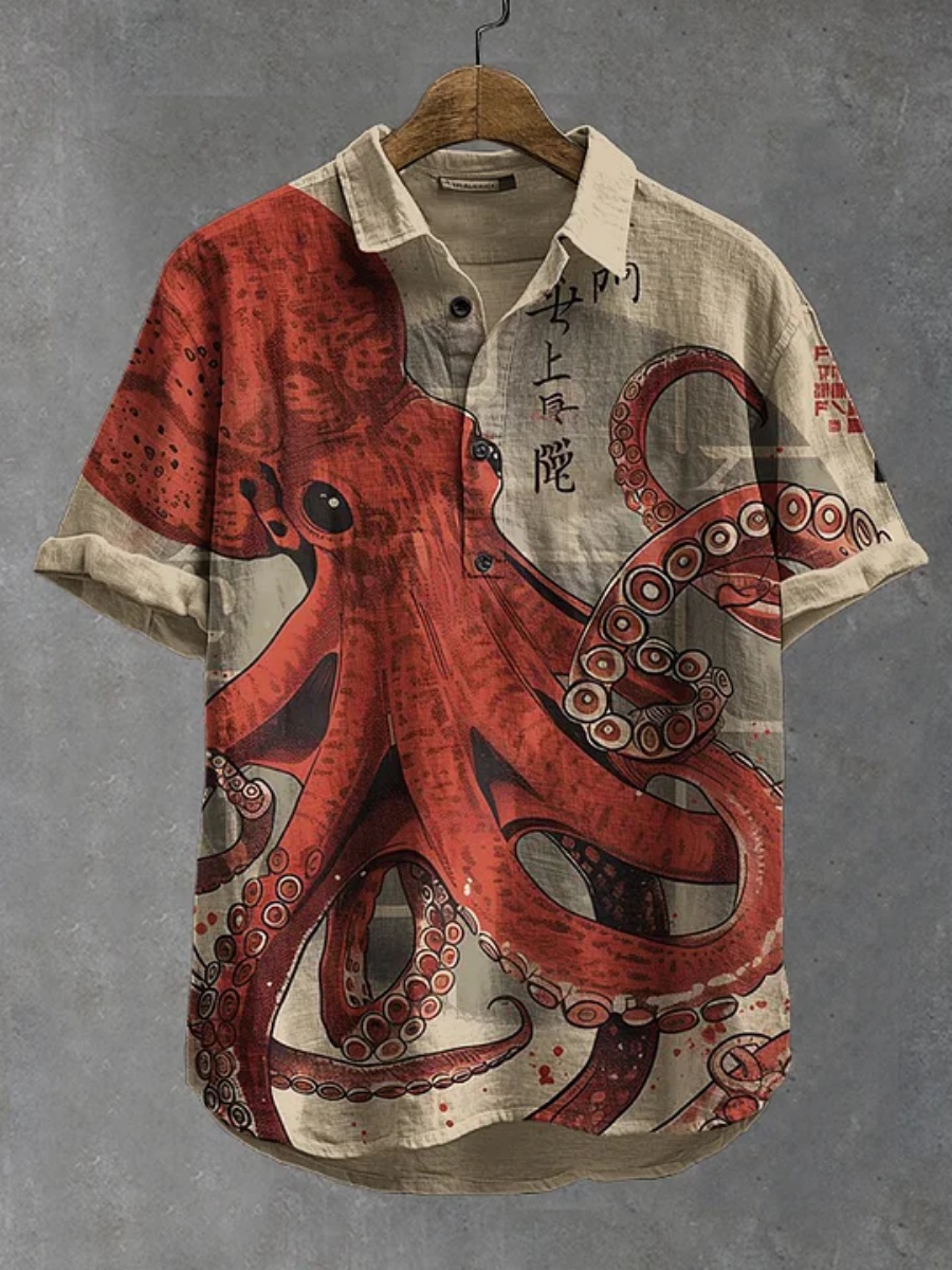 Men's polo shirt octopus print - Summer Clothing Men Linen ulasan dan harga