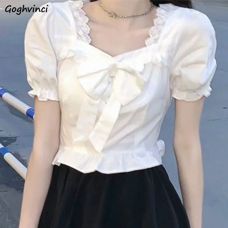 White Blouses Women Bow Design - Crop Blouse Linen ulasan dan harga