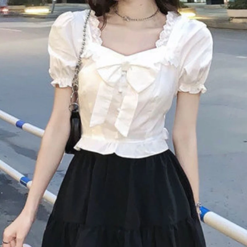 White Blouses Women Bow Design - Crop Blouse Linen ulasan dan harga