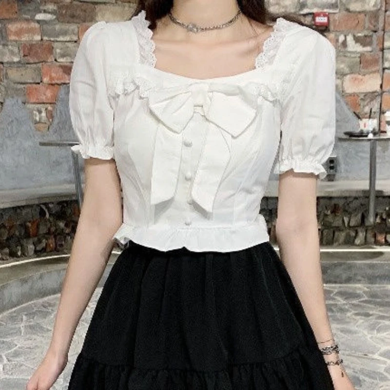 White Blouses Women Bow Design - Crop Blouse Linen ulasan dan harga