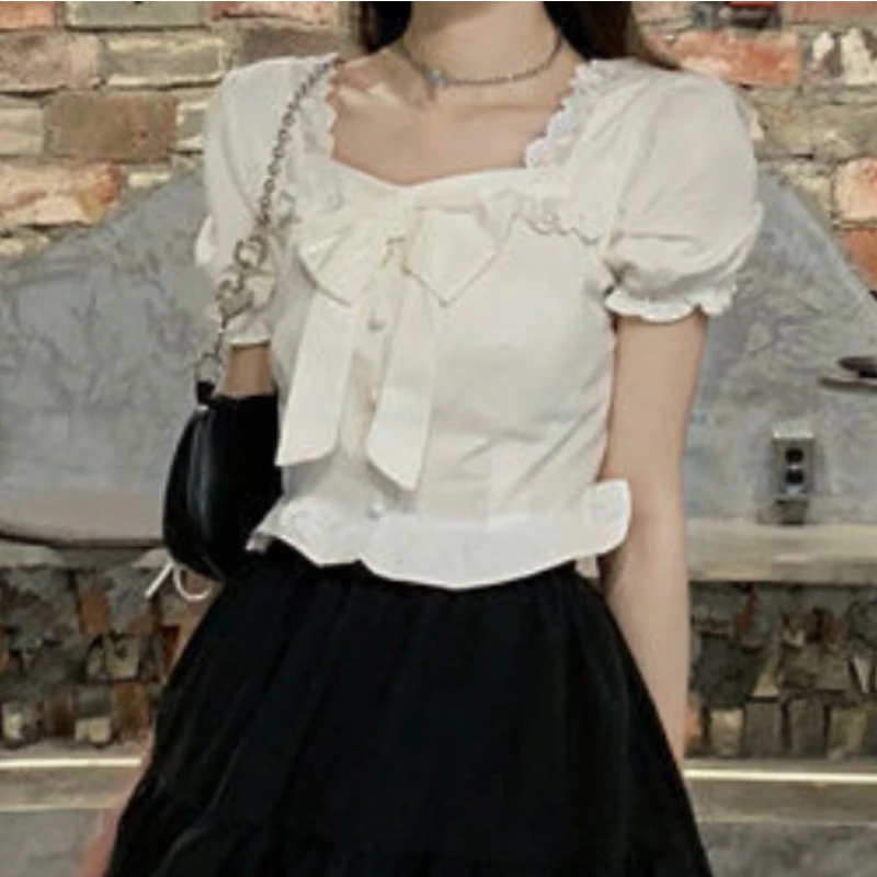 White Blouses Women Bow Design - Crop Blouse Linen ulasan dan harga