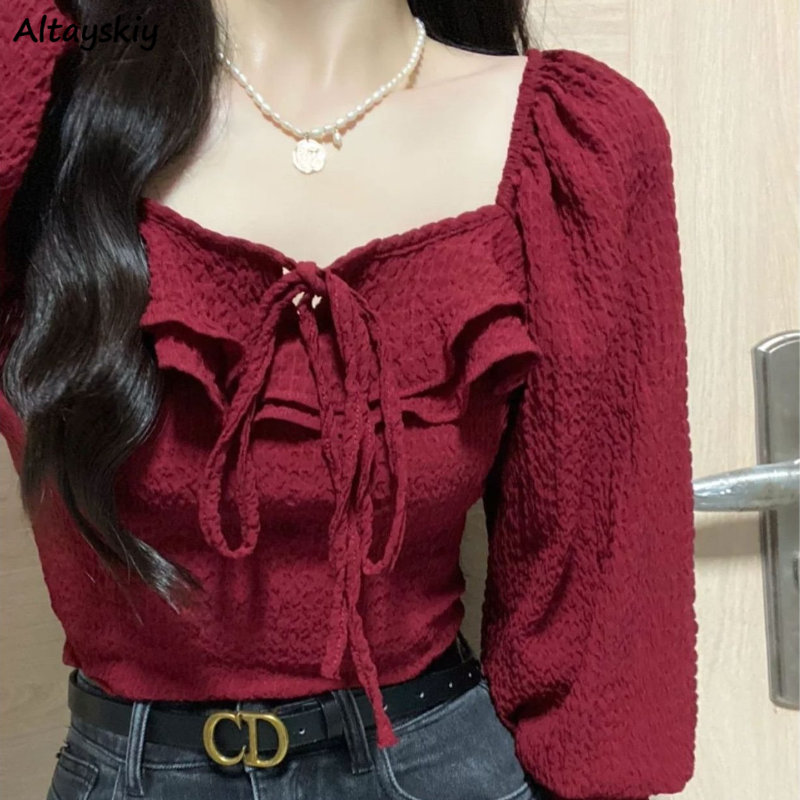 Red Blouses Lace Up Casual Vin - Crop Blouse Linen ulasan dan harga