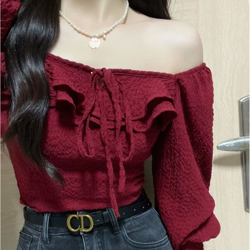 Red Blouses Lace Up Casual Vin - Crop Blouse Linen ulasan dan harga
