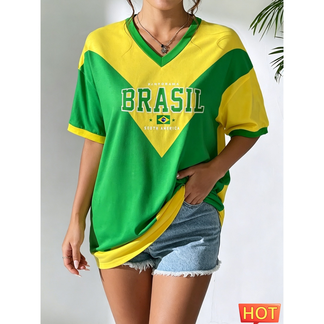 Summer Women's V-neck T-shirt  - Yellow Summer Clothing ulasan dan harga