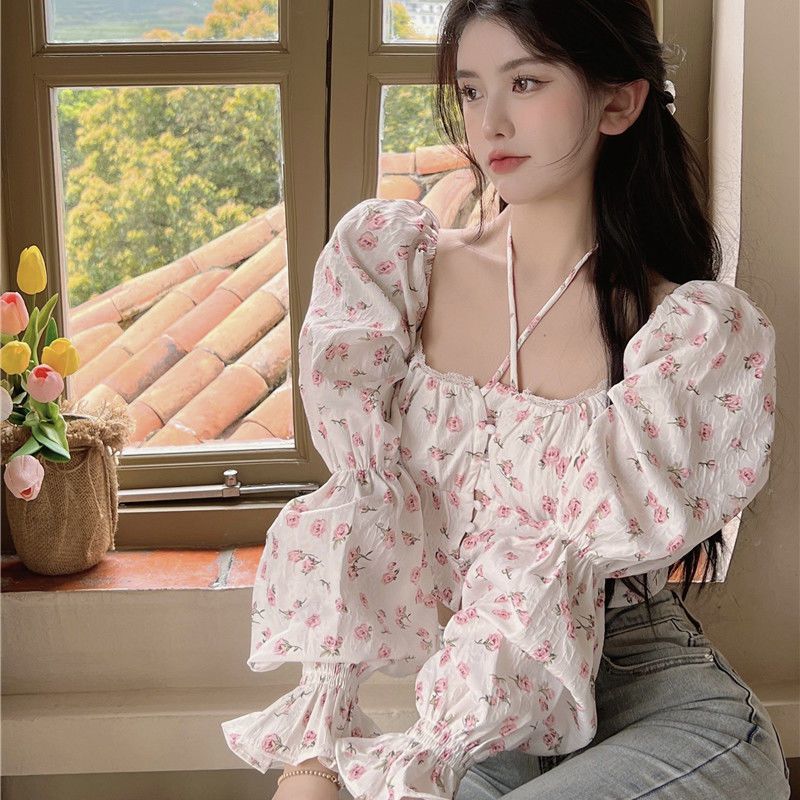 Floral Blouse Women Puff Sleev - Crop Blouse Linen ulasan dan harga